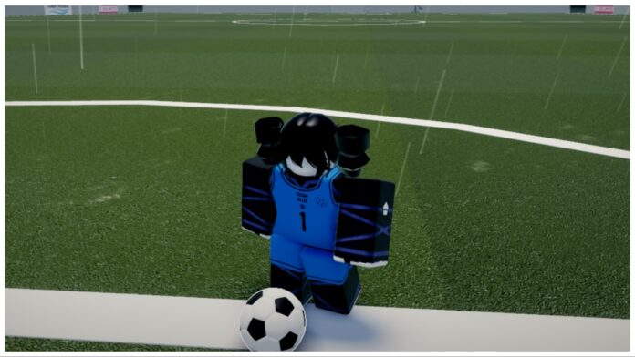 Feature image for our vision flow guide showing a player in a blue kit with the ball dribbling it across a rainy field