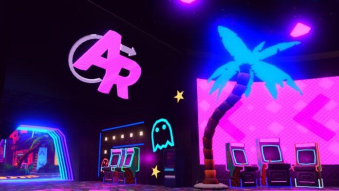 Feature image for our Best Mythic In Anime Reborn guide. Image shows a pink 'AR' sign in an arcade.