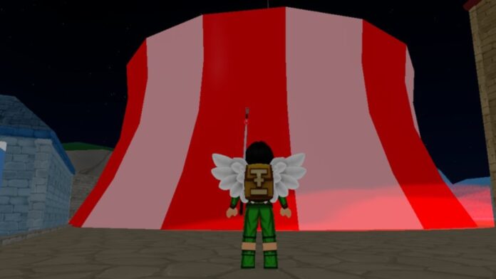 Feature image for our King Legacy Haki V2 guide. Image shows a character looking at a red and white striped tent.