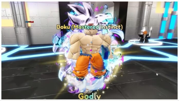 Feature image for our anime last stand mui goku guide showing the unit on display in the centre of the screen with his name and rarity in rainbow lettering across his face and lower body