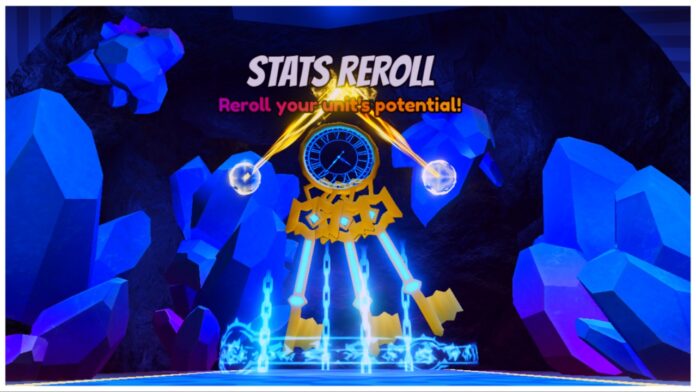 feature image for our anime reborn stats guide showing the stats clock reroller from inside the summons area which is an intricate futuristic design showing a golden spinning clock with a deep blue background