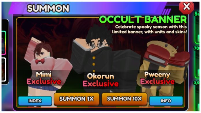 Feature image for our anime vanguards okorun guide showing the in-game banner with okorun in the centre with his arm raised to fix his glasses