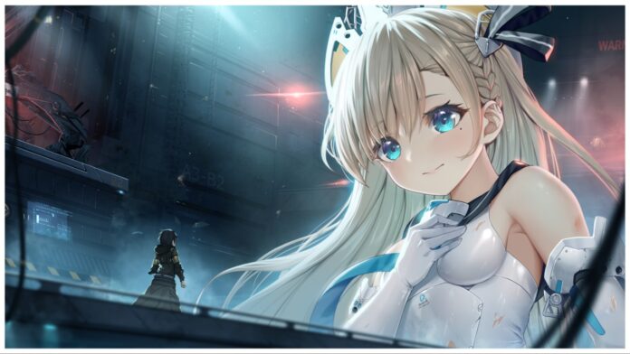 Feature image for our haze reverb codes guide showing a player overlooking a giant mech anime-styled girl who lookds down on him nervously with her hand placed to her upper chest