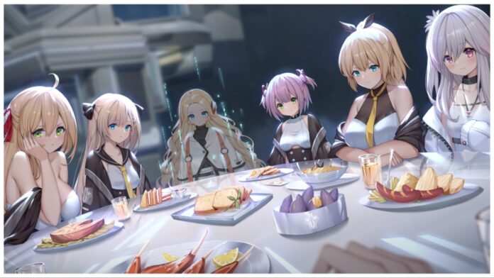 Feature image for our haze reverb reroll guide showing a pov table with 6 characters facing towards the camera implied the viewer is sat around the white circular meeting with a small spread of food on the table