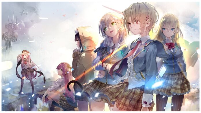 feature image for out heaven burns red tier list showing a roster of characters in matching uniform standing in focus with sunlight cutting through the gaps between each girl to highlight them on the page