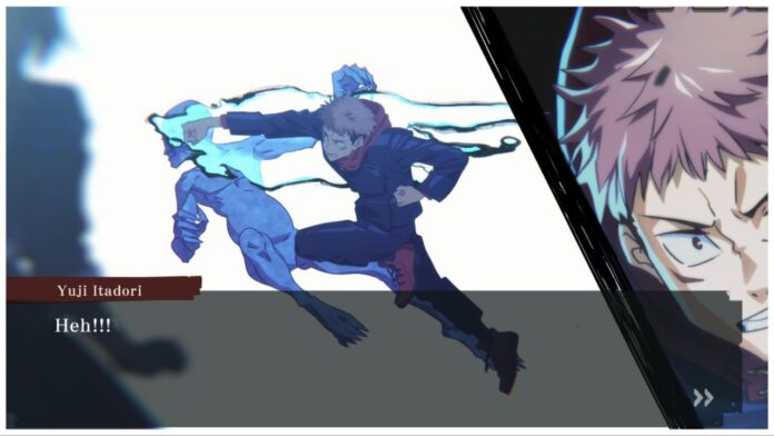 Feature image for our jjk phantom memory tier list showing a scene in game where yuji punches a low-grade curse in a comic-book style way