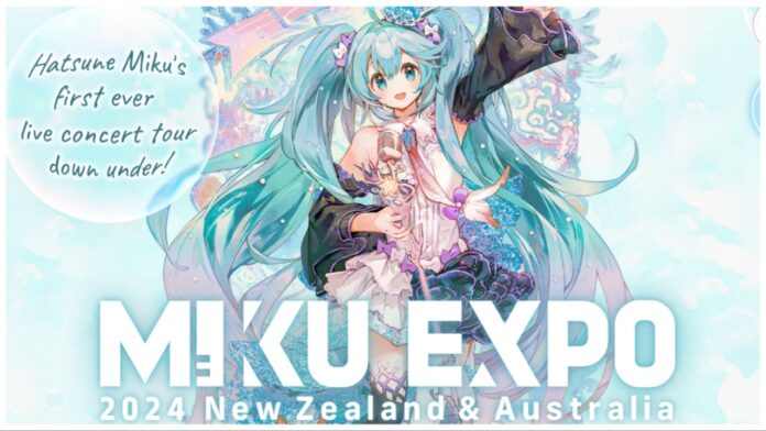 Feature image for our miku expo 2024 new zealand and australia news showing miku in a coral-inspired ocean outfit with her hand extended up as a blue bubble background surrounds her with the expo title over her legs