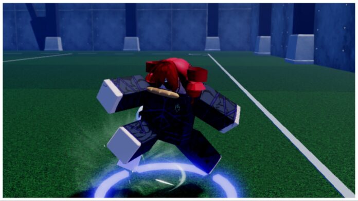 feature image for our roblox skillful talents tier list showing a player mid-air in a starfish like pose as she kicks a ball off screen. The player has red pigtail hair and a baguette in her mouth with the classic blue football uniform