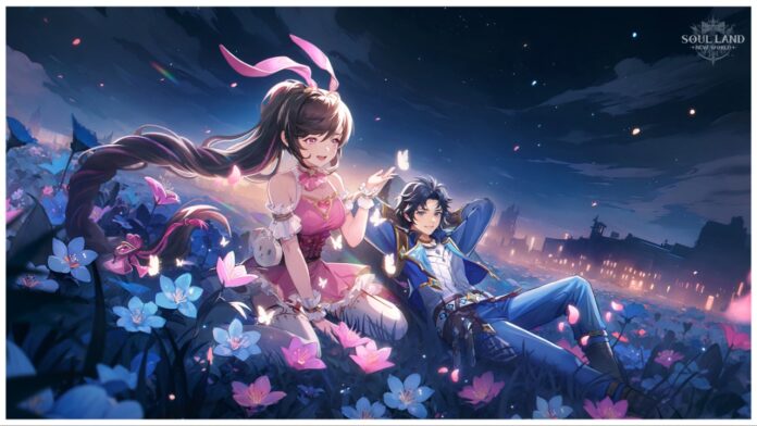 feature image for our soul land new world tie rlist showing two characters resting in a field of blue and pink flowers at night time with a subtle glow in the horizon leading towards a small village