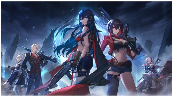 feature image for our strinova tier list showing numerous characters from the game standing against a dark blue night background with a faint gloe coming from the centre highlighting the forefront two characters who are holding guns in different poses and looking intensely at the viewer