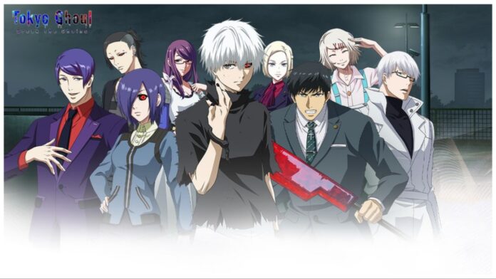 feature image for our tokyo ghoul break the chains tier list showing a roster of characters including investigators and ghouls with a faded white background at the bottom and game name in the top left