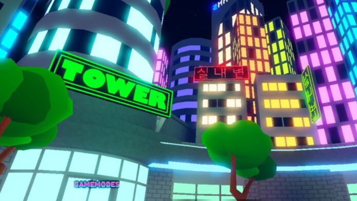 Feature image for our Anime Multiverse Tier List. Image shows multiple lit up buildings and one that says 'Tower'.