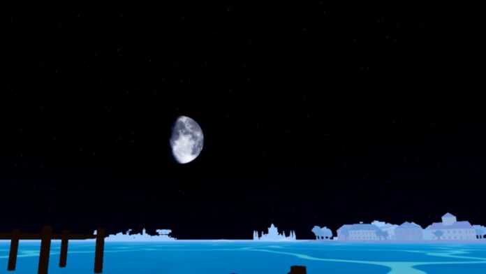 Feature image for our Blox Fruits Black Belt guide. Image shows a night sky with the moon and islands in the distance.