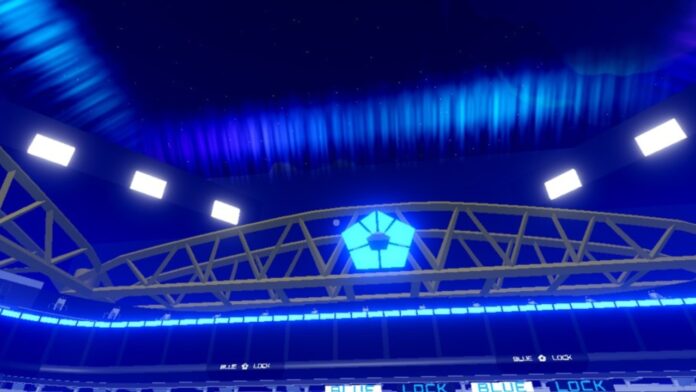 Feature image for our Blue Lock Rivals Techniques guide. Image shows the top of a football stadium with blue lights in the sky.