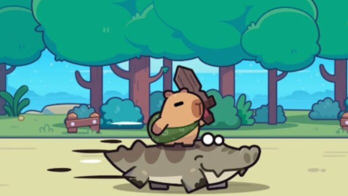 Feature image for our Capybara Go Weapon Tier List. Image shows a capybara standing on a crocodile holding a sword.