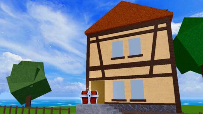 Feature image for our How To Get Dragon Scales In Blox Fruits guide. Image shows a house with trees either side and a treasure chest at the front.