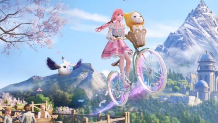 Feature image for our Infinity Nikki Codes guide. Image shows a girl riding a bike in the air.