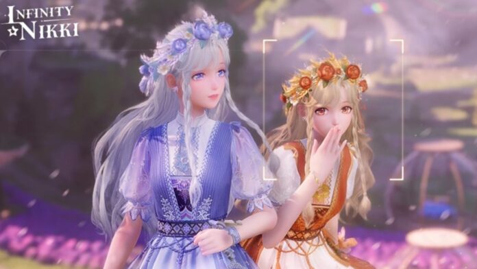 Feature image for our Infinity Nikki Tier List. Image shows two girls dressed up in dresses and flower crowns.