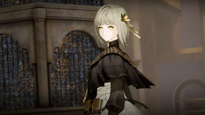 Feature image for our Black Beacon Tier List. Image shows a girl with short silver hair standing sideways and looking at the camera.