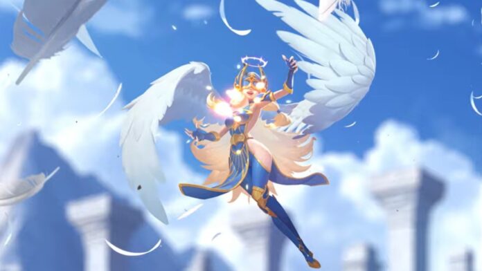 Feature image for our Gods And Demons Tier List. Image shows a woman with wings wearing a blue dress floating in the sky with feathers around her.