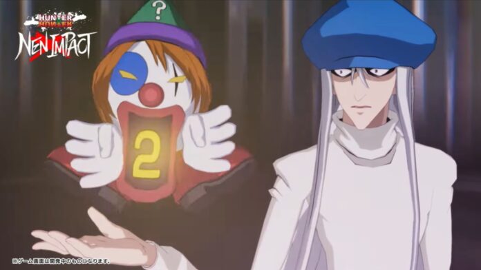 Feature image for our Hunter x Hunter Nen x Impact Kite guide. Image shows a man with long silver hair in a blue hat holding a floating clown head with small arms and feet.