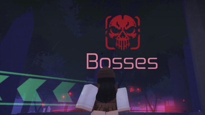 Feature image for our Jujutsu Infinite Awakenings guide. Image shows a character looking up at an area that says 'Bosses' with a skull icon.