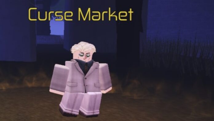 Feature image for our Jujutsu Infinite Maximum Scroll guide. Image shows a character standing under the words 'Curse Market'.