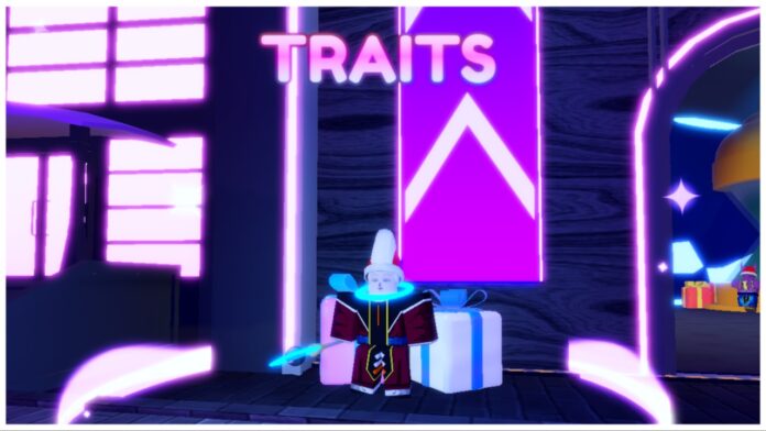 Feature image for our anime adventures traits guide showing the traits npc whis stood in a purple circle radius with TRAITS written above his head in purple