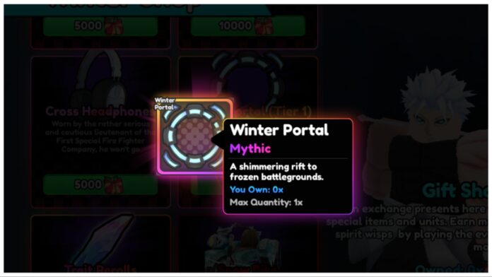 Feature image for our anime vanguards portals guide showing a low opacity background of the winter store with a central highlighted portal