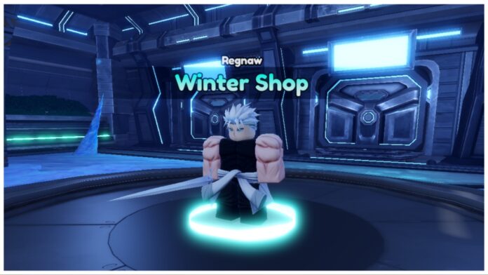 Feature image for our anime vanguards rogita super 4 guide showing the winter shop npc in a metallic room with ice spikes