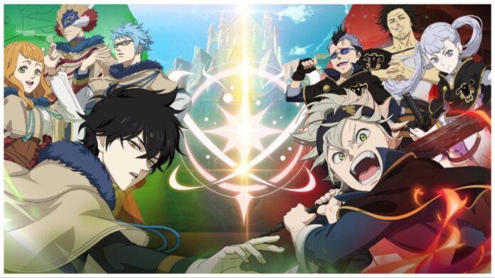 Feature image for our Black Clover Mobile tier list showing a roster of characters from the anime around each side of the frame with a large golden star in the centre emitting pillars of light upwards