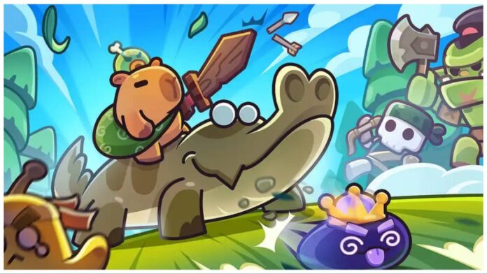 Feature image for our capybara go pet tier list showing a capybara on the back of a crocodile with a wooden sword to hand in a very toony and chibi style