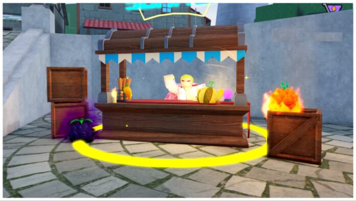 Feature image for our fruit reborn tier list showing doflamingo behind a wooden stall surrounded by a cobbled street as he waves. The stall has several devil fruits on the countertop and floor