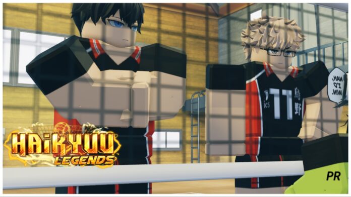 Feature image for our Haikyuu Legends Codes guide showing two players standing confidently on the opposite side of the net from a player in the bottom right corner who is crouched and ready to play