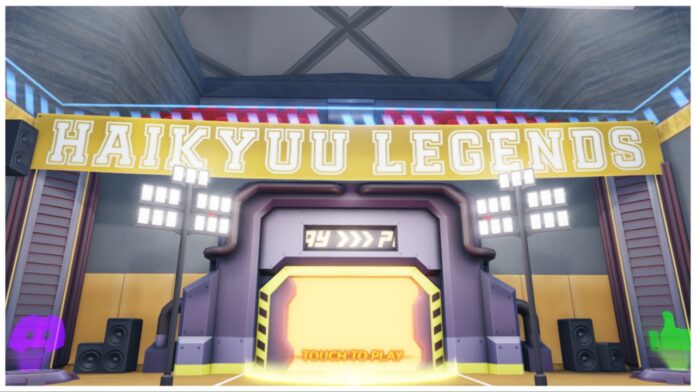 Feature image for our Haikyuu Legends Controls. The image shows the main lobby facing the play area with a white banner reading Haikyuu Legends above a yellow portal