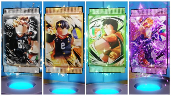 Feature image for our haikyuu legends packs guide. The image shows a 4-way collage of each pack type in-game floating above a blue led circle light on the ground