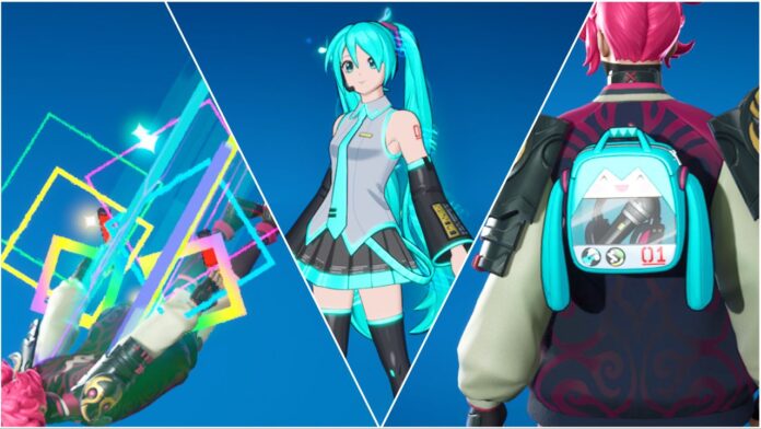 Some of the items included in the Hatsune Miku Fortnite Bundle, with a rainbow contrail as the character holds lightsticks, the original outfit Hatsune Miku skin in the middle, and the backpack backbling that is a Miku Ita bag with a microphone and headphones inside.