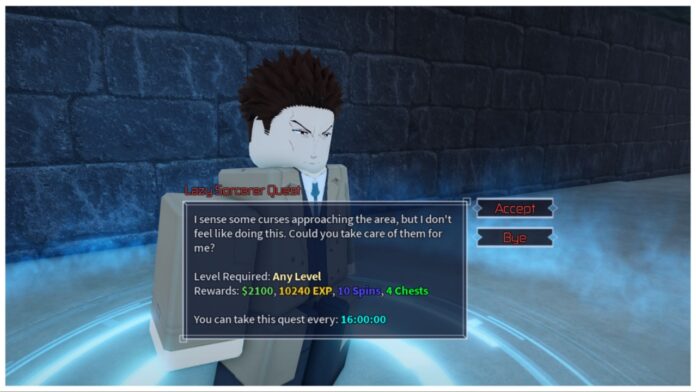 Feature image for our how to get more spins in jujutsu infinite guide showing an npc assigning a quest to a player and offering spins as a reward