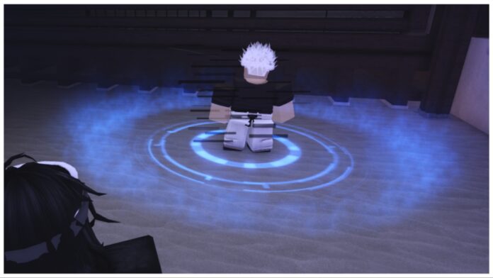 feature image for our jujutsu infinite infinity guide showing a glitchy gojo npc with a blue circle aura at his feet