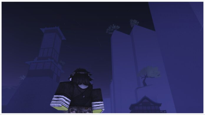 feature image for our jujutsu infinite judgeman guide showing the back of a player at nighttime as they look upwards at cliff edges with trees and tall buildings