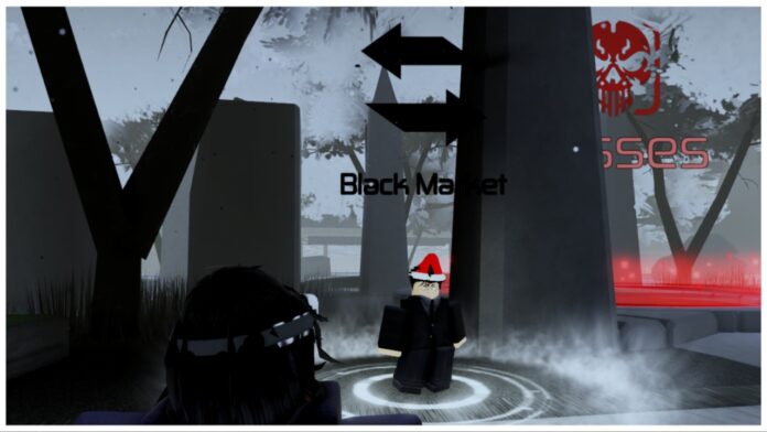 feature image for our jujutsu infinite santa boss guide showing the higuruma npc wearing a christmas hat with black market written above his head on a foggy grey day