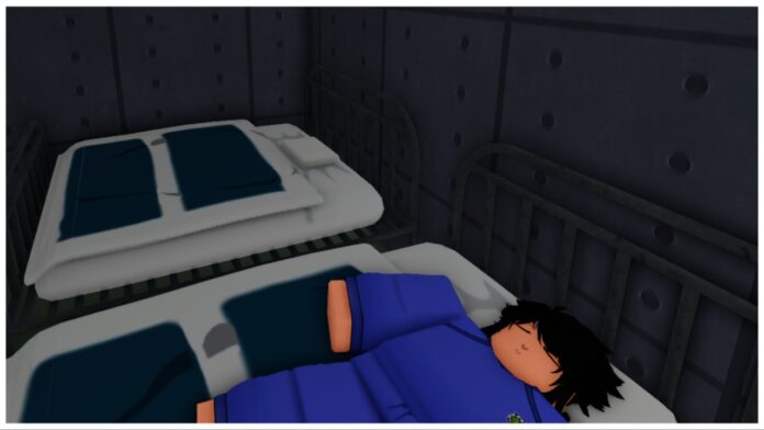 Feature image for our lockover weapons tier list showing a player asleep on a bed in a blue tracksuit