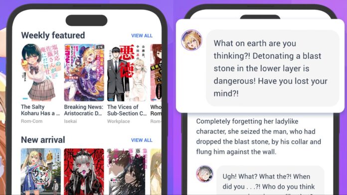 Two promo images that showcase the Novelous app, with the left displaying some of the available manga and light novel series to read and the right displaying how the speech bubble feature works with dialogue when reading a light novel on the app.