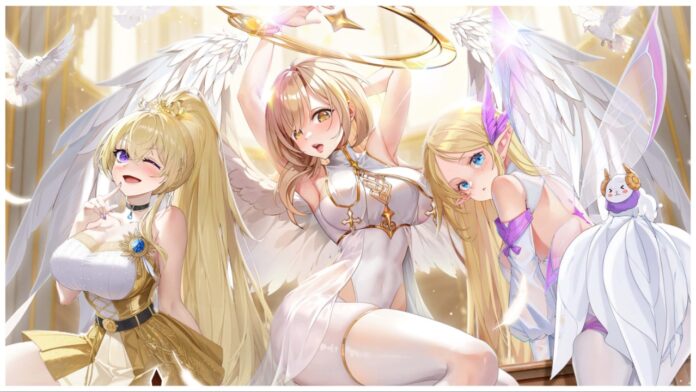 Feature image for our tales of angels tier list showing three angels in suggestive poses with a light cast down on them from above as they each look to the viewer