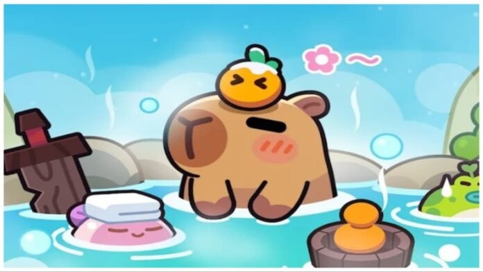 Feature image for our capybara go best weapon guide showing a cartoon capybara in a hot tub surrounded by steam and other bath-dwellers.