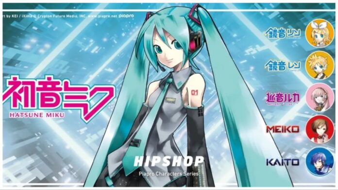 Feature image for our HIPSHOP x Piapro news showing the kei png of miku with collab details and icons for the other vocaloids visible