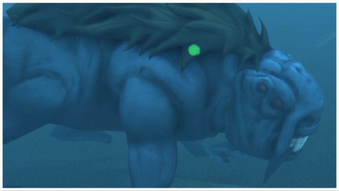 Feature image for our jujutsu odyssey azure maw guide showing azure maw on all fours with a stripe of long brown hair travelling down its spine. Its bearing teeth and looking sideways with a dull blue overlay from the sky around it