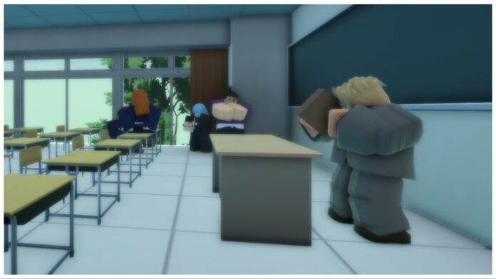 Feature image for our jujutsu odyssey codes guide showing a classroom with nanami at the teachers desk holding a book with todo, miwa and nobara near a window in the corner all chatting together