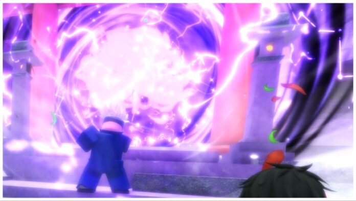 Feature image for our jujutsu odyssey cursed techniques guide showing gojo with his back to the viewer as he conjures a hollow purple thats twice the size of him and shooting white electrical sparks