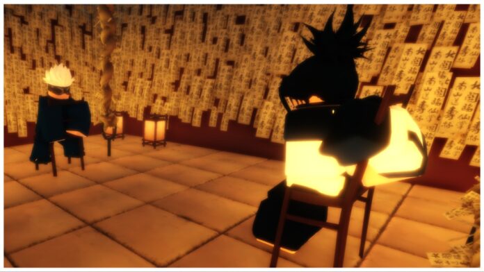 Feature image for our jujutsu odyssey cursed womb guide showing a player sat on a chair in a room facing gojo with each wall lined with a talisman